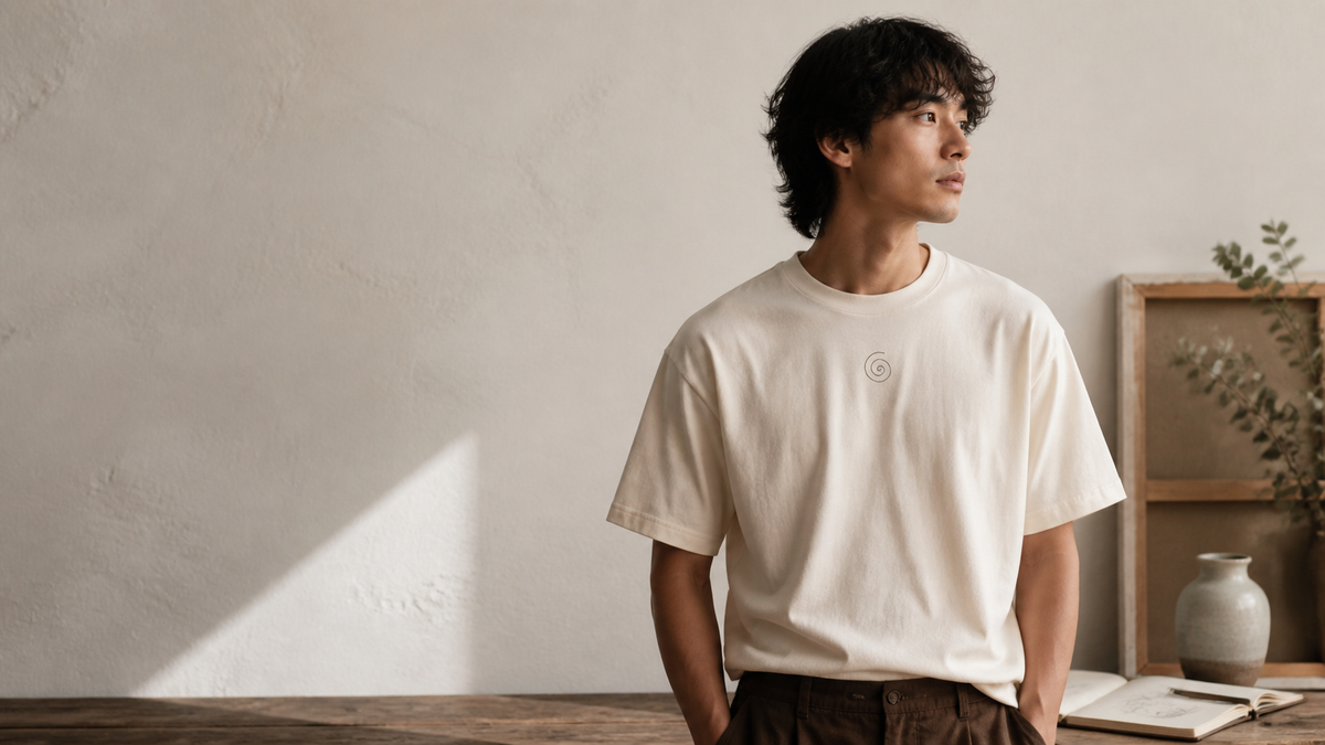 Creative person wearing a By Earthlings spiral-mark T-shirt in a warm studio